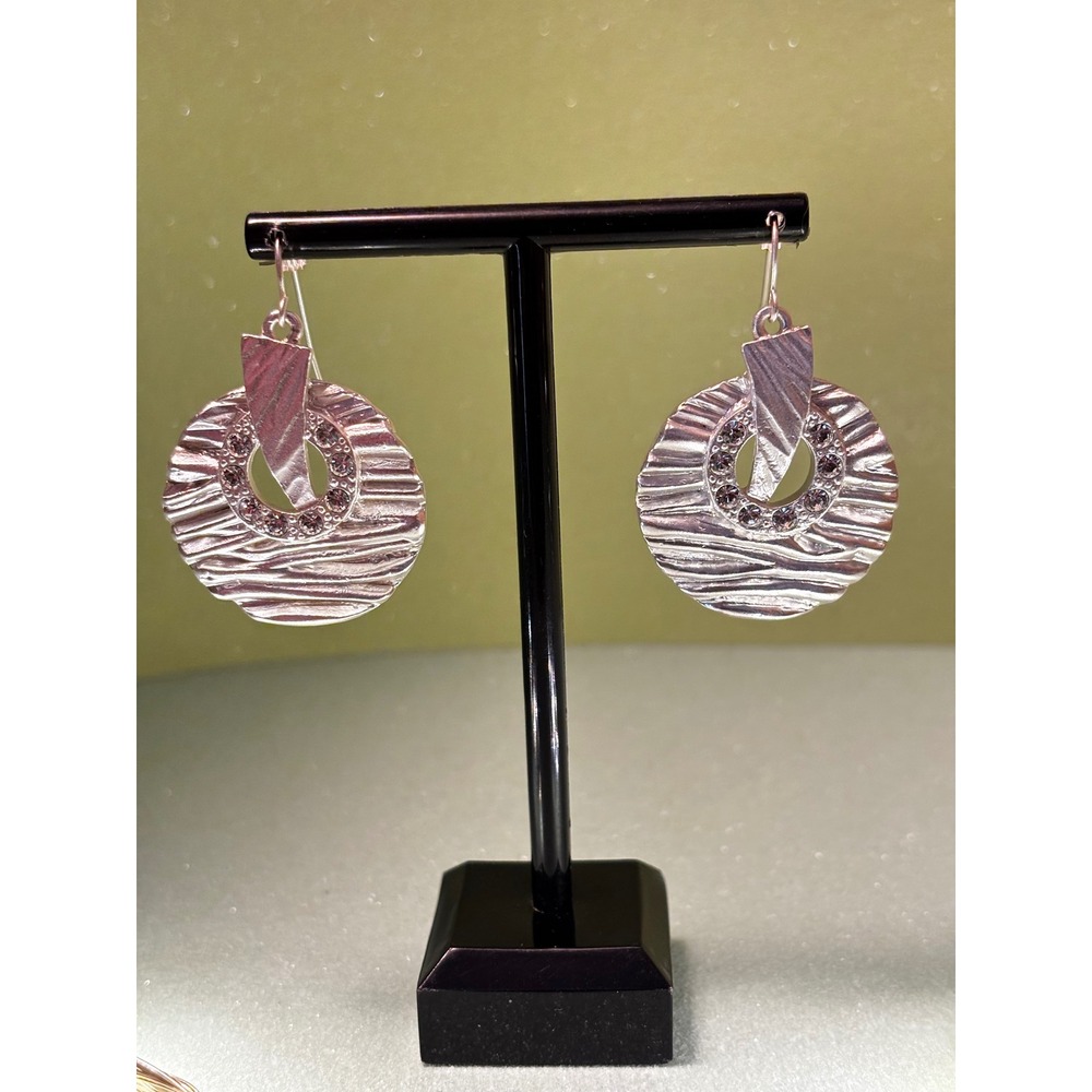 Silver Tone Ripple Circle Drop Earrings Rhinestone Accent Geometric Dangle